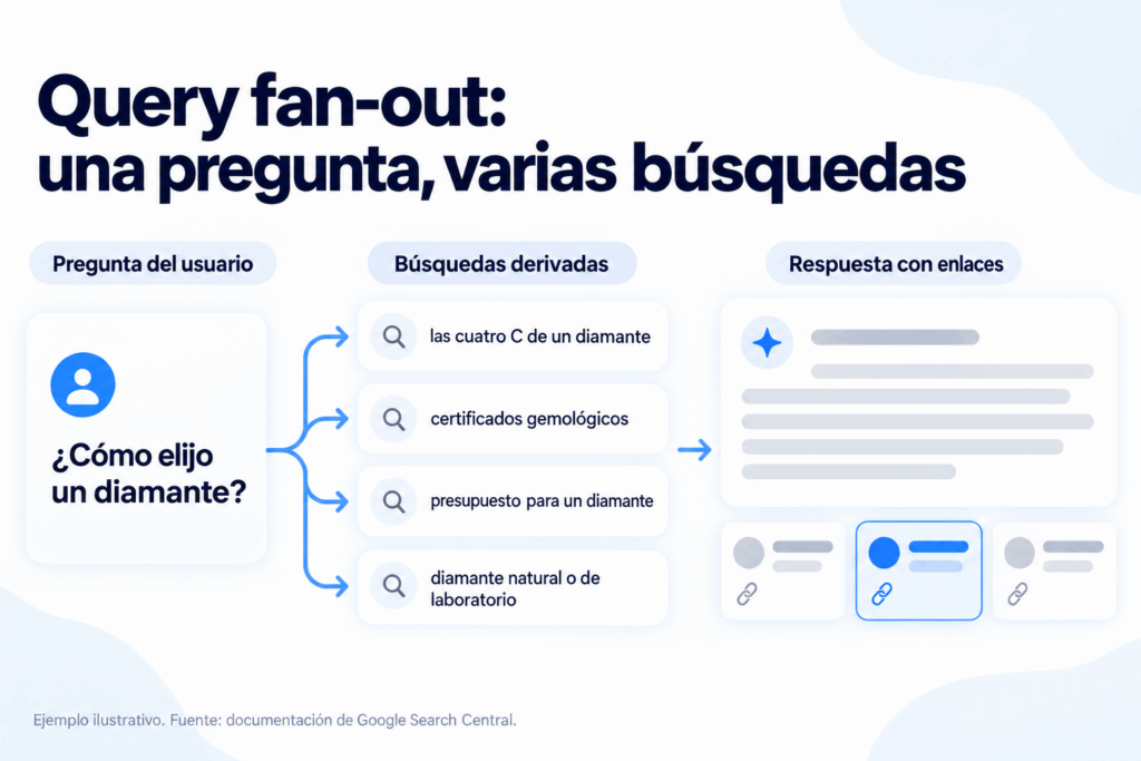 Esquema del query fan-out: una pregunta se divide en varias búsquedas y la respuesta de IA enlaza a las páginas halladas