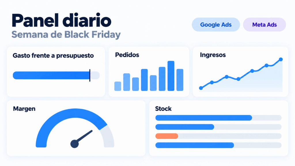 Panel diario de gasto, pedidos, margen y stock durante la semana de Black Friday